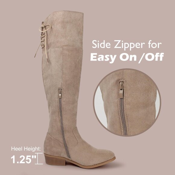 Hawkwell Women's Khaki Low Flat Heel Thigh High Over The Knee Fashion Boots - Picture 4 of 5